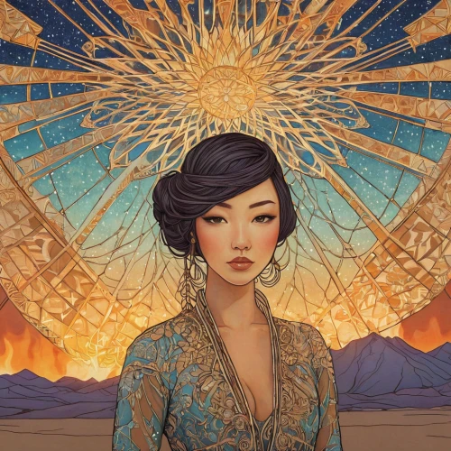 oriental princess,rem in arabian nights,rosa ' amber cover,fantasy portrait,asian vision,burning man,sci fiction illustration,sun bride,golden crown,asian woman,digital illustration,oriental girl,amano,phoenix,mulan,fire angel,han thom,priestess,flame spirit,desert flower,Illustration,Japanese style,Japanese Style 15