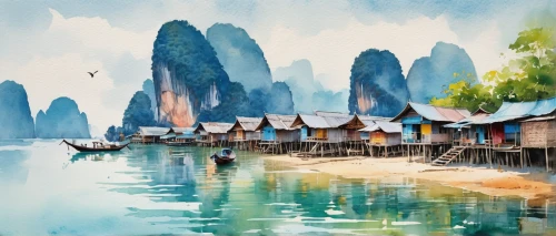 fishing village,guilin,viet nam,ham ninh,chinese art,floating huts,vietnam vnd,vietnam,halong bay,han thom,southeast asia,nước chấm,teal blue asia,chinese background,vietnam's,boat landscape,china southern airlines,stilt houses,hanoi,luo han guo,Illustration,Paper based,Paper Based 25