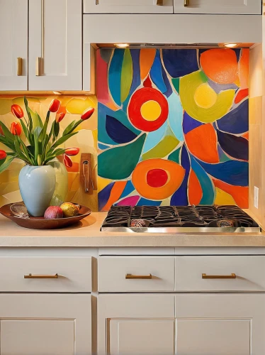 tile kitchen,flower painting,abstract painting,contemporary decor,watermelon painting,modern decor,kitchen design,ceramic hob,modern kitchen,kitchen interior,modern kitchen interior,countertop,fruit bowls,mid century modern,kitchen counter,interior decor,oil painting on canvas,glass painting,kitchen cabinet,decorative art,Conceptual Art,Oil color,Oil Color 25