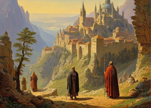 monks,monastery,guards of the canyon,pilgrimage,pilgrims,the abbot of olib,transylvania,fantasy picture,buddhists monks,benedictine,schwabentor,travel poster,travelers,hogwarts,the valley of the,fantasy landscape,orange robes,hohenzollern,fantasy city,castles,Conceptual Art,Sci-Fi,Sci-Fi 19