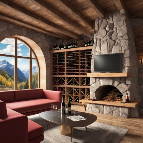 wine cellar,wine rack,fireplace,alpine style,the cabin in the mountains,wine bar,wine barrel,wine barrels,wooden beams,chalet,house in the mountains,fire place,mountain hut,house in mountains,alpine hut,burgundy wine,wine house,wine bottle range,log home,log cabin,Illustration,Black and White,Black and White 25