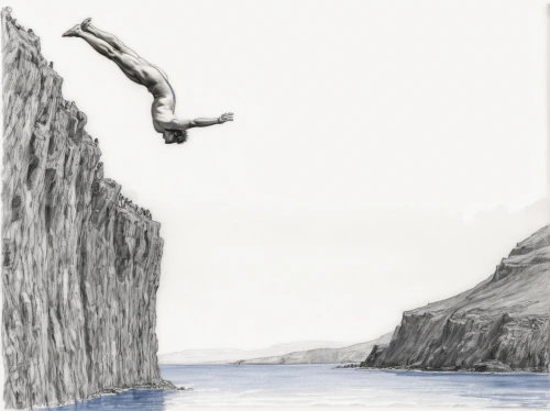 cliff jumping,take-off of a cliff,bungee jumping,cliff,rope bridge,jumping off,cliffs,leap,base jumping,leap of faith,chasm,dive,plunge,diving bird,falling,book illustration,coasteering,cliff top,limestone cliff,the cliffs,Illustration,Black and White,Black and White 35