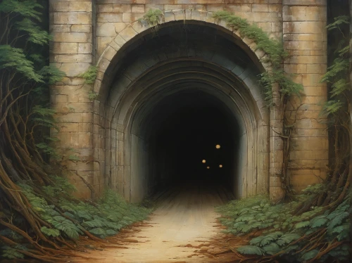 hollow way,tunnel,canal tunnel,wall tunnel,railway tunnel,tunnel of plants,threshold,passage,torii tunnel,heaven gate,the mystical path,archway,train tunnel,road to nowhere,plant tunnel,road forgotten,dead end,underpass,underground,catacombs,Conceptual Art,Fantasy,Fantasy 29