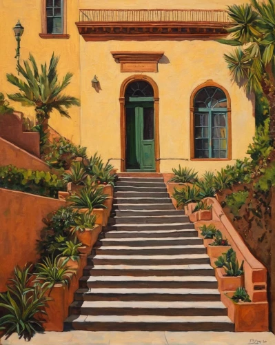 hacienda,santa barbara,portofino,riad,outside staircase,tuscan,mediterranean,private estate,garden elevation,taormina,marrakech,italian painter,villa,home landscape,estate,terraced,santa fe,apulia,the threshold of the house,mallorca,Conceptual Art,Daily,Daily 04