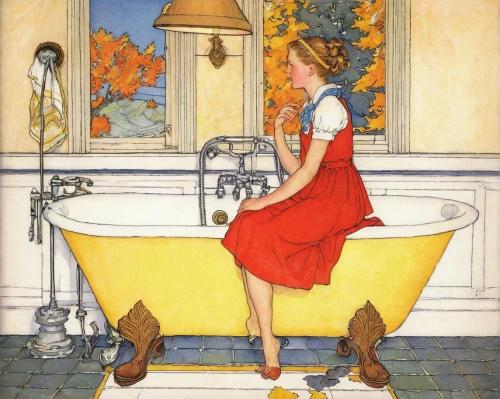 the girl in the bathtub,kate greenaway,bathtub,bathing,vintage illustration,bath,cinderella,bathing shoes,washbasin,girl in the kitchen,wash basin,autumn chores,the little girl's room,woman at the well,taking a bath,art nouveau,bath with milk,basin,tub,1906,Illustration,Realistic Fantasy,Realistic Fantasy 04