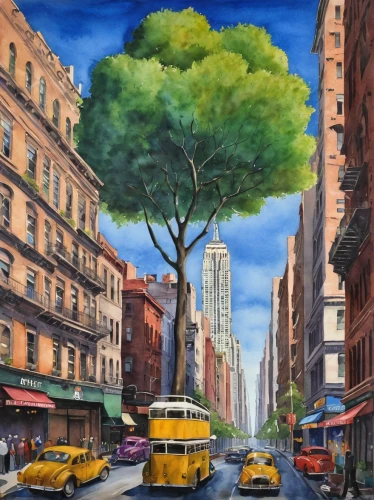 new york taxi,painted tree,tree canopy,flatiron building,david bates,new york streets,city scape,tree-lined avenue,new york aster,watercolor tree,big apple,trees with stitching,world digital painting,street car,newyork,colored pencil background,linden blossom,oil painting on canvas,street scene,city car,Art,Artistic Painting,Artistic Painting 06