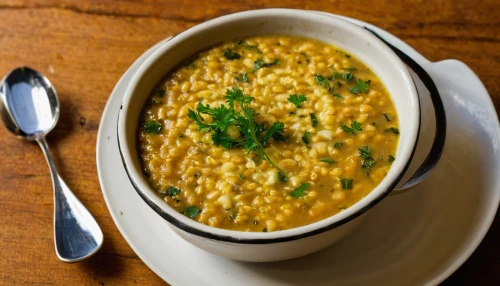 lentil soup,khichdi,locro,corn crab soup,scotch broth,egg drop soup,dal,corn chowder,carrot and red lentil soup,hyderabadi haleem,saffron rice,creamed corn,risotto,arroz con gandules,sopa de mondongo,kadhi,split pea,chana masala,ezogelin soup,pasta e fagioli,Illustration,American Style,American Style 08