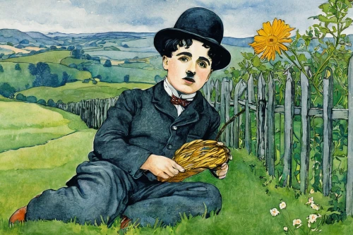 charlie chaplin,hans christian andersen,picking vegetables in early spring,work in the garden,viticulture,chaplin,frutti di bosco,kate greenaway,stovepipe hat,stan laurel,gardener,gardening,austrian briar,winemaker,garden work,vintage illustration,prussian asparagus,cultivated field,charles de gaulle,picking flowers,Illustration,Retro,Retro 23