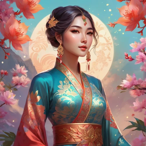 jasmine blossom,oriental princess,mulan,hanbok,fantasy portrait,plum blossoms,jasmine flower,oriental girl,chinese art,geisha,plum blossom,jasmine,jasmine flowers,oriental,asian woman,baozi,oriental painting,geisha girl,spring festival,wuchang,Illustration,Realistic Fantasy,Realistic Fantasy 01