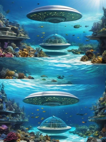 artificial island,ufo,alien ship,aquariums,artificial islands,ufo interior,ufos,marine tank,underwater background,saucer,aquarium,submersible,sky space concept,ufo intercept,atlantis,undersea,flying saucer,aquarium decor,fish farm,airships,Illustration,Realistic Fantasy,Realistic Fantasy 03