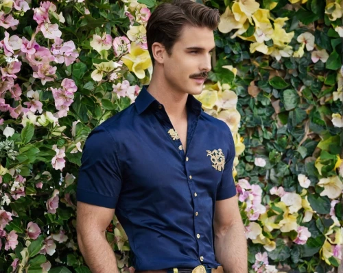 polo shirt,polo shirts,male model,gardener,dark blue and gold,navy blue,polo,navy,versace,men's wear,garden of eden,a uniform,premium shirt,boys fashion,cycle polo,men clothes,floral pattern,rio serrano,alejandro vergara blanco,dress shirt,Illustration,Retro,Retro 13