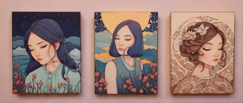 three flowers,japanese art,paintings,four seasons,sirens,fairy tale icons,woodblock prints,boho art,art nouveau frames,perfume bottles,amano,wood angels,blue birds and blossom,flower painting,chinese art,prints,glass painting,fairytale characters,art nouveau,hairpins,Illustration,Japanese style,Japanese Style 15