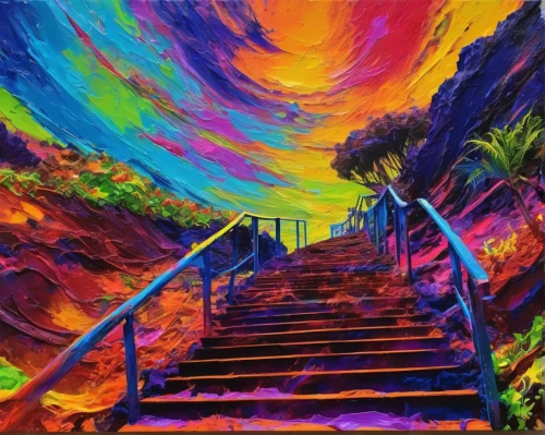 stairway to heaven,lsd,psychedelic art,stairway,colorful spiral,colorful background,psychedelic,winding steps,vibrant,ascending,color fields,descent,intense colours,colorful light,colored pencil background,rainbow waves,stairs,heavenly ladder,painting technique,vertigo,Conceptual Art,Oil color,Oil Color 21