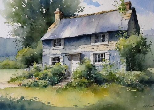 country cottage,summer cottage,cottage,house painting,thatched cottage,watercolor,farmhouse,little house,watercolour,cottages,old house,fisherman's house,home landscape,small house,lonely house,farm hut,cottage garden,farm house,watercolor painting,house drawing,Illustration,Paper based,Paper Based 05