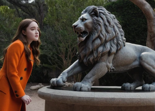 she feeds the lion,lionesses,lion fountain,two lion,roar,lioness,rosewood,zookeeper,orange robes,long coat,lion,clove garden,tigers,to roar,orange,stone lion,clary,red coat,overcoat,lion number,Illustration,Black and White,Black and White 29