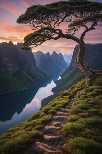 lone tree,isolated tree,norway island,dragon tree,tree top path,celtic tree,flourishing tree,the mystical path,norway coast,beautiful landscape,larch tree,magic tree,the way of nature,nature landscape,tree of life,landscapes beautiful,hiking path,upward tree position,winding steps,tree lined path,Art,Classical Oil Painting,Classical Oil Painting 24