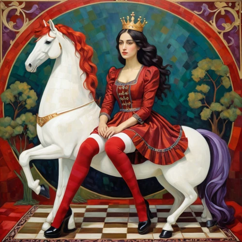 queen of hearts,joan of arc,carousel horse,miss circassian,unicorn art,equestrian,equestrianism,constellation unicorn,celtic queen,centaur,monarchy,sagittarius,queen s,the zodiac sign pisces,horse-rocking chair,rocking horse,unicorn,horseback,fairy tale character,zoroastrian novruz,Illustration,Realistic Fantasy,Realistic Fantasy 03