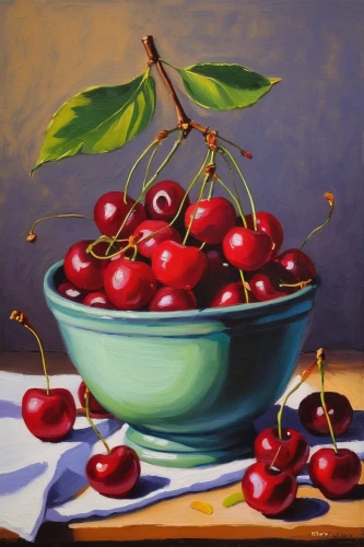 cherries in a bowl,cherries,sweet cherries,heart cherries,jewish cherries,cherry branch,laurel cherry,sour cherries,bubble cherries,great cherry,rowanberries,red apples,fruit bowl,wild cherry,summer still-life,cherry,oil painting on canvas,hill cherry,acerola,cornelian cherry,Art,Artistic Painting,Artistic Painting 33