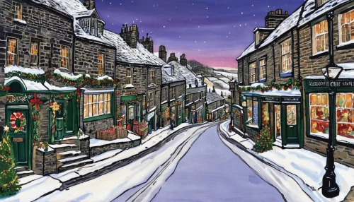 christmas snowy background,christmas landscape,otley,the cobbled streets,christmas town,robin hood's bay,christmas wallpaper,shaftesbury,christmas snow,snow scene,falkland,winter village,christmas banner,houses clipart,medieval street,townscape,yorkshire,christmas carol,whitby,snowy landscape,Illustration,Paper based,Paper Based 10