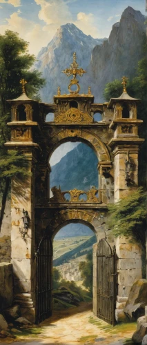 farm gate,victory gate,gates,heaven gate,gateway,triumphal arch,el arco,tori gate,wood gate,city gate,archway,gate,holsten gate,rock gate,la rocher de la baume,iron gate,front gate,villa d'este,valle d'aosta,portal,Art,Classical Oil Painting,Classical Oil Painting 09