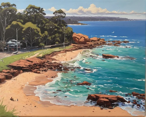 la perouse,mona vale,coastal landscape,beach landscape,coogee,glebe point,new south wales,landscape with sea,nsw,maroubra,pebble beach,gladesville,carbis bay,rocky coast,coastal road,tasmania,bondi,cliff beach,north sydney,tamarama,Illustration,American Style,American Style 11