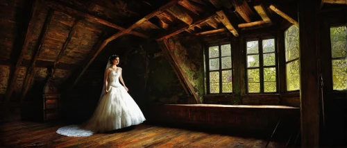 attic,wedding photography,wedding dress,wedding frame,wedding gown,wooden beams,bridal suite,wedding photographer,the threshold of the house,wedding dress train,wedding dresses,bridal dress,wooden windows,bride,dead bride,bridal clothing,bridal,cloves schwindl inge,girl in a long dress,wooden roof,Illustration,Abstract Fantasy,Abstract Fantasy 01