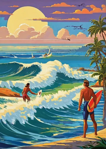 surfers,surfboards,waikiki beach,surfing,surfer,travel poster,vintage illustration,molokai,honolulu,surf,aloha,pacific,blue hawaii,luau,oahu,surfboat,el mar,hawaii,cuba background,beach goers,Unique,Pixel,Pixel 05