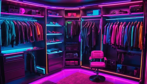 closet,walk-in closet,wardrobe,women's closet,great room,dressing room,lisaswardrobe,organized,neon,black light,neon candies,neon colors,neon lights,clothes,room lighting,interior design,neon light,room,clothing,luxury,Conceptual Art,Sci-Fi,Sci-Fi 27