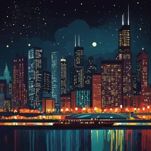 chicago skyline,chicago night,cityscape,city at night,city skyline,city lights,chicago,chi,new york skyline,metropolis,the city,digital illustration,manhattan,vector illustration,retro background,manhattan skyline,digital background,city,cities,citylights,Illustration,Vector,Vector 08