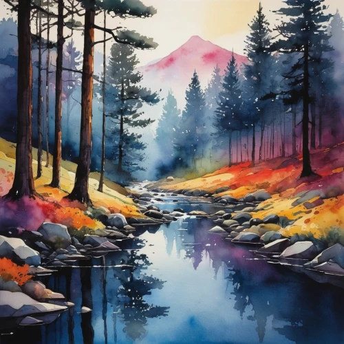 watercolor background,autumn landscape,forest landscape,fall landscape,river landscape,watercolor pine tree,landscape background,salt meadow landscape,mountain landscape,painting technique,mountain scene,autumn mountains,brook landscape,nature landscape,watercolor painting,winter landscape,watercolor,mountain river,water colors,mountain sunrise,Illustration,Realistic Fantasy,Realistic Fantasy 36