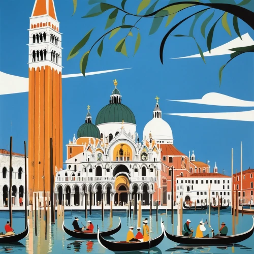 venice,venezia,italian painter,st mark's basilica,grand canal,travel poster,venetian,the carnival of venice,david bates,gondolier,hallia venezia,lombardy,venice italy gritti palace,gondolas,venice square,venetian lagoon,st mark's square,italia,italy,saint mark,Illustration,Vector,Vector 13