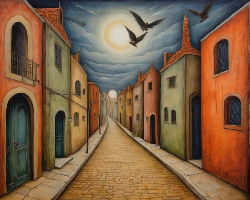 narrow street,italian painter,medieval street,the cobbled streets,old linden alley,oil painting on canvas,street scene,riad,night scene,orlovsky,oil on canvas,alley,getreidegasse,art painting,nocturnal bird,medina,l'aquila,bethlehem,oil painting,the pied piper of hamelin,Illustration,Abstract Fantasy,Abstract Fantasy 16