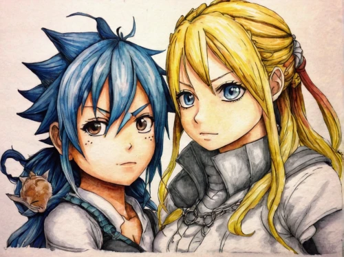 fairy tail,pencil color,copic,boy and girl,yellow and blue,dragon slayers,prince and princess,colored pencil,anime cartoon,crayon colored pencil,color pencil,young couple,coloured pencils,vocaloid,x and o,reizei,lancers,watercolor blue,watercolor,colored pencils,Illustration,Abstract Fantasy,Abstract Fantasy 18