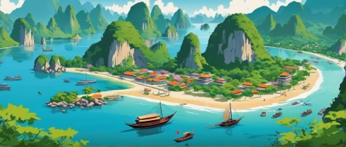 monkey island,chinese background,vietnam,fishing village,landscape background,cartoon video game background,viet nam,an island far away landscape,river landscape,resort town,floating islands,guizhou,wuyi,popeye village,ham ninh,mountainous landscape,karst landscape,boat landscape,nước chấm,vietnam vnd,Illustration,Japanese style,Japanese Style 07