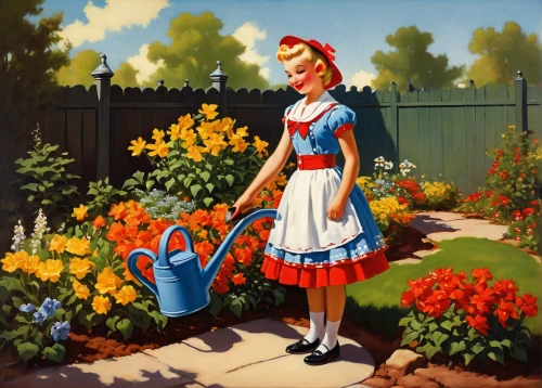 girl in the garden,girl picking flowers,gardening,girl in flowers,gardener,work in the garden,flower garden,garden work,cleaning woman,housework,housekeeper,watering can,floral greeting,in the garden,flower delivery,floristics,flower bed,cinderella,florists,flora,Illustration,Retro,Retro 10