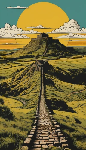 travel poster,road to nowhere,pathway,the path,winding road,the road to the sea,the way,the mystical path,uphill,long road,winding steps,hiking path,mountain road,path,winding roads,appalachian trail,the road,cool woodblock images,country road,crossroad,Illustration,American Style,American Style 10