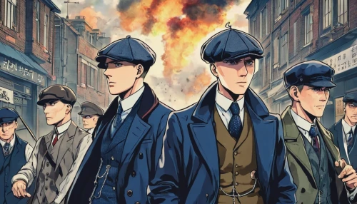 sherlock holmes,holmes,warsaw uprising,inspector,detective,flat cap,police uniforms,sherlock,detective conan,firemen,spy visual,officers,criminal police,police force,smouldering torches,police officers,twenties of the twentieth century,bowler hat,garda,overcoat,Illustration,Japanese style,Japanese Style 04