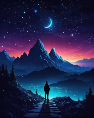 would a background,the horizon,wall,music background,background image,moon and star background,before the dawn,horizon,fantasy picture,the night sky,the spirit of the mountains,landscape background,night sky,hd wallpaper,world digital painting,the universe,wanderer,album cover,travelers,sky,Conceptual Art,Fantasy,Fantasy 21