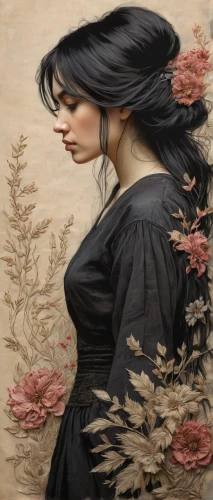 girl in flowers,kahila garland-lily,wilted,dry bloom,cloves schwindl inge,flora,fallen petals,scent of roses,mystical portrait of a girl,falling flowers,way of the roses,bibernell rose,oil painting on canvas,artemisia,landscape rose,rosa-sinensis,widow flower,wild roses,secret garden of venus,geisha