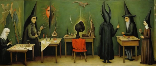 woman hanging clothes,art dealer,the collector,the consignment,grant wood,surrealism,the sale,paint brushes,contemporary witnesses,the morgue,witches' hats,utensils,vendors,the scalpel,wooden figures,consulting room,art academy,woman shopping,doctor's room,boardroom,Illustration,Abstract Fantasy,Abstract Fantasy 16