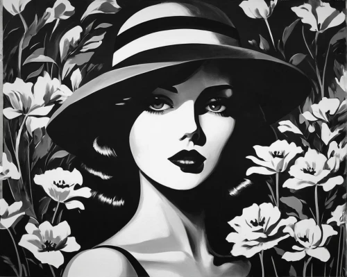art deco woman,flower painting,david bates,magnolias,girl in flowers,charcoal drawing,magnolia,flower art,retro pin up girl,girl wearing hat,flower hat,panama hat,art painting,widow flower,white magnolia,retro flowers,film noir,retro woman,hat retro,rose woodruff,Photography,Black and white photography,Black and White Photography 08