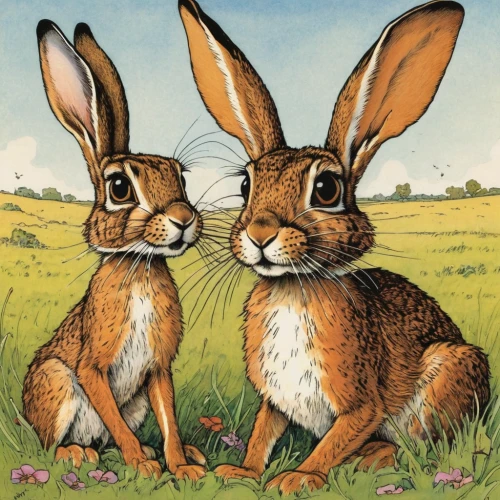 rabbits and hares,hares,female hares,rabbits,easter rabbits,audubon's cottontail,hare's-foot-clover,hare's-foot- clover,leveret,hare field,rabbit family,bunnies,lepus europaeus,hare trail,hare coursing,rabbit ears,a collection of short stories for children,childrens books,field hare,fox and hare,Illustration,Children,Children 02