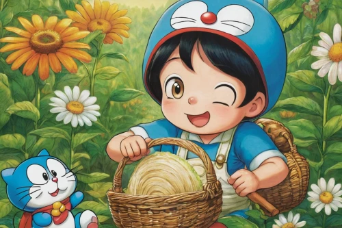 doraemon,flowers in basket,children's background,cute cartoon character,cute cartoon image,peter rabbit,cartoon flowers,picking flowers,frutti di bosco,picnic basket,flower basket,colomba di pasqua,little bunny,matsuno,basket maker,spring greeting,flower painting,little rabbit,wicker basket,pinocchio,Illustration,Paper based,Paper Based 09