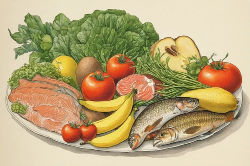 fruits and vegetables,mediterranean diet,foods,fish products,fresh vegetables,salad plate,means of nutrition,sea foods,food table,food collage,fruit vegetables,oily fish,food preparation,vegetable basket,summer foods,vegetables,nutrition,natural foods,rainbow trout,vegetables landscape,Illustration,Realistic Fantasy,Realistic Fantasy 31