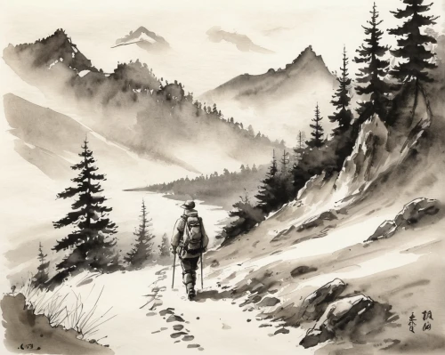 mountain scene,mountain landscape,winter landscape,salt meadow landscape,foggy landscape,foggy mountain,larch forests,larch trees,watercolor pine tree,mountain pass,mountainous landscape,snowy landscape,snow landscape,autumn mountains,the spirit of the mountains,mountains,moutains,small landscape,alpine crossing,high landscape,Illustration,Paper based,Paper Based 30