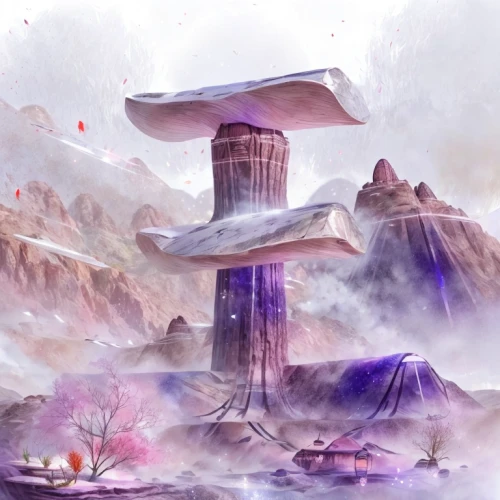 mushroom landscape,mushroom island,futuristic landscape,japanese sakura background,purple landscape,fantasy landscape,fairy chimney,sakura background,lingzhi mushroom,lotus stone,world digital painting,fairy world,stone lotus,skyflower,floating island,fantasy world,sacred lotus,virtual landscape,water lotus,fairy village