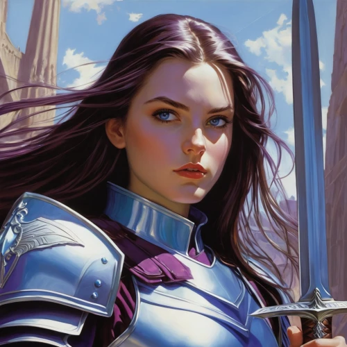 joan of arc,fantasy portrait,violet head elf,heroic fantasy,lavendar,swordswoman,la violetta,female warrior,sci fiction illustration,cg artwork,purple,fantasy woman,violet,paladin,sterntaler,detail shot,fantasy art,portrait background,6-cyl in series,cuirass,Conceptual Art,Fantasy,Fantasy 20