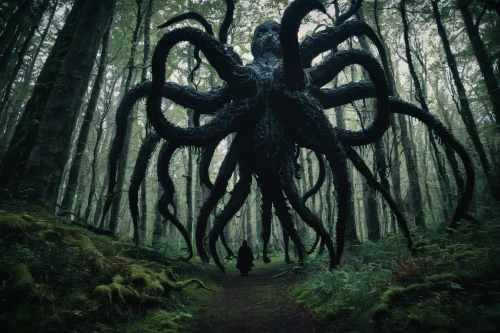 kraken,supernatural creature,tarantula,walking spider,district 9,vancouver island,apiarium,tentacles,creature,symbiotic,trioceros,ominous,creatures,octopus,dark art,iridigorgia,abyss,arrival,phobia,creepy tree,Illustration,Realistic Fantasy,Realistic Fantasy 47