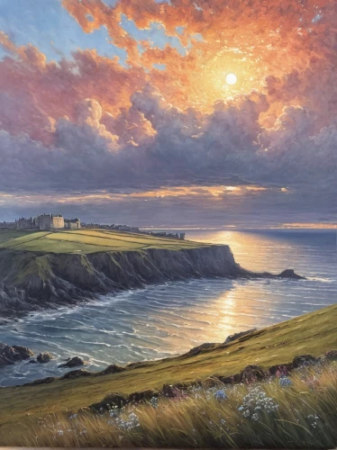 coastal landscape,half moon bay,cliff coast,cliff top,spyglass,headland,wicklow,sceleton coast,gower,landscape with sea,beach landscape,coast sunset,saint andrews,northern ireland,perranporth,galley head,golf landscape,pebble beach,northumberland,sea landscape,Art,Classical Oil Painting,Classical Oil Painting 13