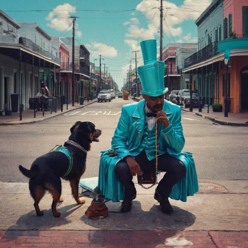 new orleans,dog street,turquoise leather,album cover,mans best friend,po' boy,color dogs,gulf coast,blues and jazz singer,town crier,dog photography,pre-wedding photo shoot,mississippi,memphis,turquoise wool,mariachi,mardi gras,beagador,color turquoise,service dogs,Conceptual Art,Sci-Fi,Sci-Fi 11